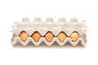 Brown eggs in a carton package on white background