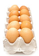 Brown eggs in a carton package on white background