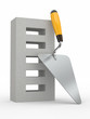 Trowel and brick on white background