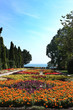 botanic garden with flowers and sea