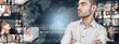 A handsome business man against world map on background with man