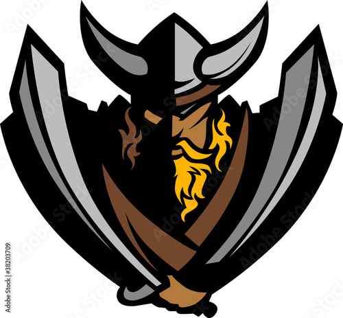 Vector: Viking Norseman Mascot Graphic with Helmet and Swords Viking Norseman Mascot Graphic with Helmet and Swords