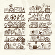 Objects for school on shelves, sketch drawing for your design