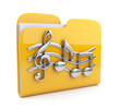 Yellow music folder with note symbols.  Icon 3D. Isolated on whi