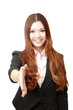 Successful business woman holds out her hand to greet