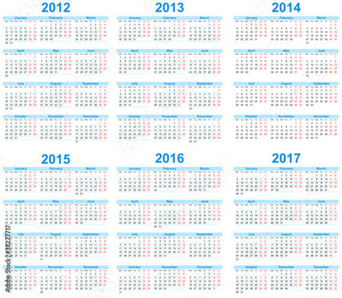 Vector: Calendar 2012, 2013, 2014, 2015, 2016, 2017 Calendar 2012, 2013, 2014, 2015, 2016, 2017