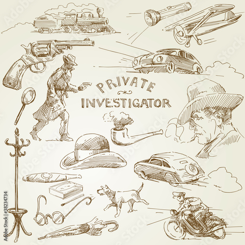 Vector: private investigator - hand drawn collection private investigator - hand drawn collection