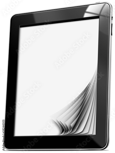 Illustration: Black tablet computer with blank pages on white background Black tablet computer with blank pages on white background