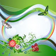 Light background with flowers, butterflies and rainbow