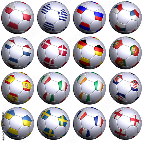 Illustration: Sixteen soccer balls with flags of the 2012 European Championshi Sixteen soccer balls with flags of the 2012 European Championshi