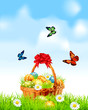 Easter background with a basket full Easter eggs Easter background with a basket full Easter eggs