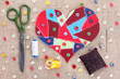 Sewing accessories and fabric scraps heart