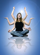 beautiful young woman with six hands on futuristic background