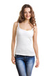 pretty young woman in  white T-shirt and jeans on white backgrou