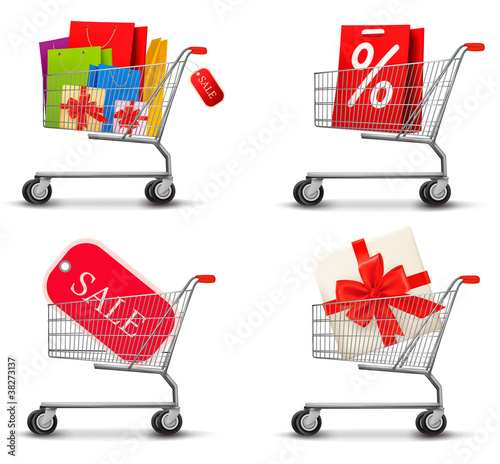 Vector: Collection Set of shopping carts of shopping bags and boxes. Collection Set of shopping carts of shopping bags and boxes.