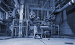 Industrial zone, Steel pipelines and cables in blue tones Industrial zone, Steel pipelines and cables in blue tones