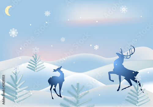 Vector: deers in blue winter landscape deers in blue winter landscape