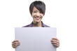 Beautiful businesswoman with blank paper for advertisement