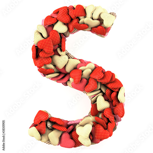 Illustration: Letter S, made from soft cushions in the shape of Hearts. Letter S, made from soft cushions in the shape of Hearts.