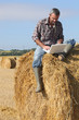Farmer with a laptop on a haystack