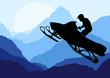 Snowmobile riders in wild nature landscape background