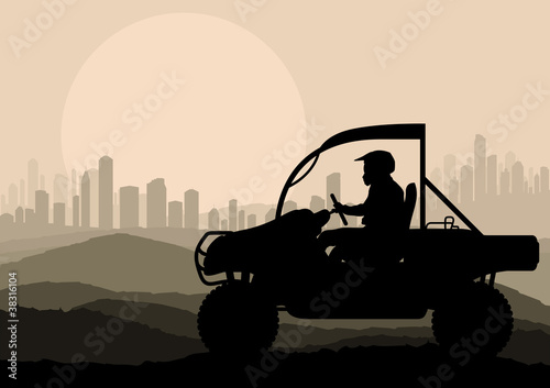 Vector: All terrain vehicle rider in desert skyscraper city landscape All terrain vehicle rider in desert skyscraper city landscape
