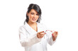 Optician woman giving glasses