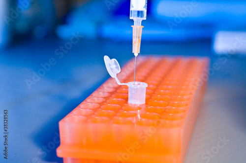 Photo: Syringe pouring liquid into test tube in container Syringe pouring liquid into test tube in container