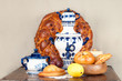 Still Life in the Russian style with pastries and other foods