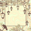 Vintage background with tree branches and retro street lamps