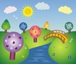 Летний сказочный пейзаж с рекой и мостом