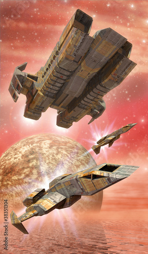 Illustration: spaceship fighters and alien planet spaceship fighters and alien planet