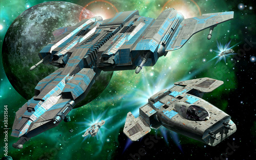Illustration: spaceships and moon spaceships and moon