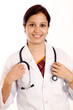 Smiling Indian doctor woman holding stethoscope