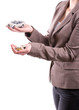 Woman's hand holding the model of car and coins