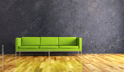 Photo: Wohndesign - grünes Sofa vor Betonwand Wohndesign - grünes Sofa vor Betonwand