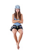 climbing woman sitting a banner