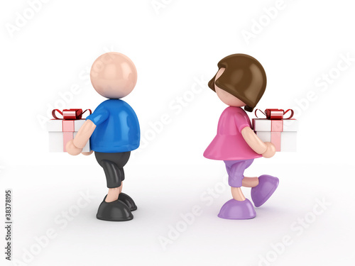 Illustration: Boy and girl giving gift- valentine's day concept isolated Boy and girl giving gift- valentine's day concept isolated