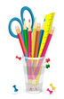 pencil, ruler, scissor and pins in pen holder pencil, ruler, scissor and pins in pen holder