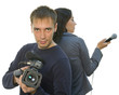 TV reporter and teleoperator (focus on face) TV reporter and teleoperator (focus on face)