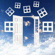 White door against blue sky background White door against blue sky background