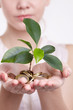 woman's hands holding plant sprouting from a handful of coins