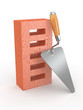 Trowel and brick on white background