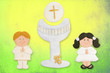 first communion holy card, blond boy brunette girl