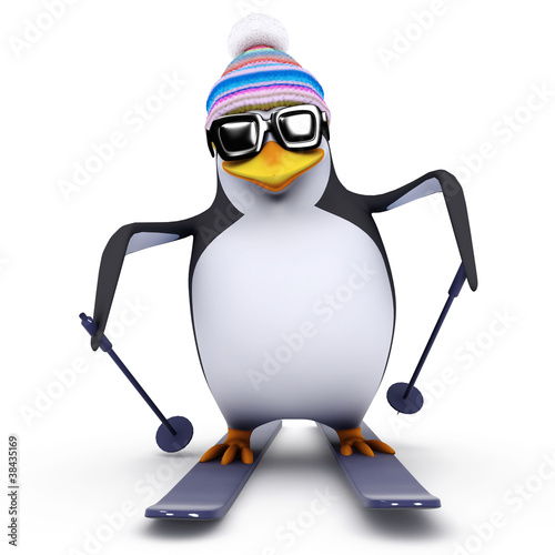 Illustration: 3d Penguin skis down the hill very fast 3d Penguin skis down the hill very fast