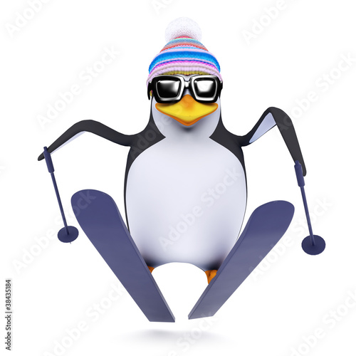 Illustration: 3d Penguin goes flying through the air on his skis 3d Penguin goes flying through the air on his skis