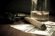 Cigar, Whiskey, Dollars and handgun
