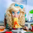 Blonde funny on kitchen eating pasta like crazy