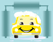 yellow cheerful toy car washing on blue background