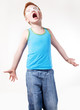 Red hair screaming concerned young boy over white background